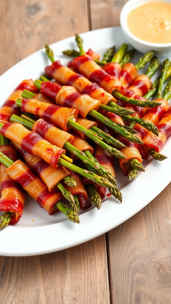 A serving platter of crispy bacon-wrapped asparagus with a dipping sauce on a rustic table.